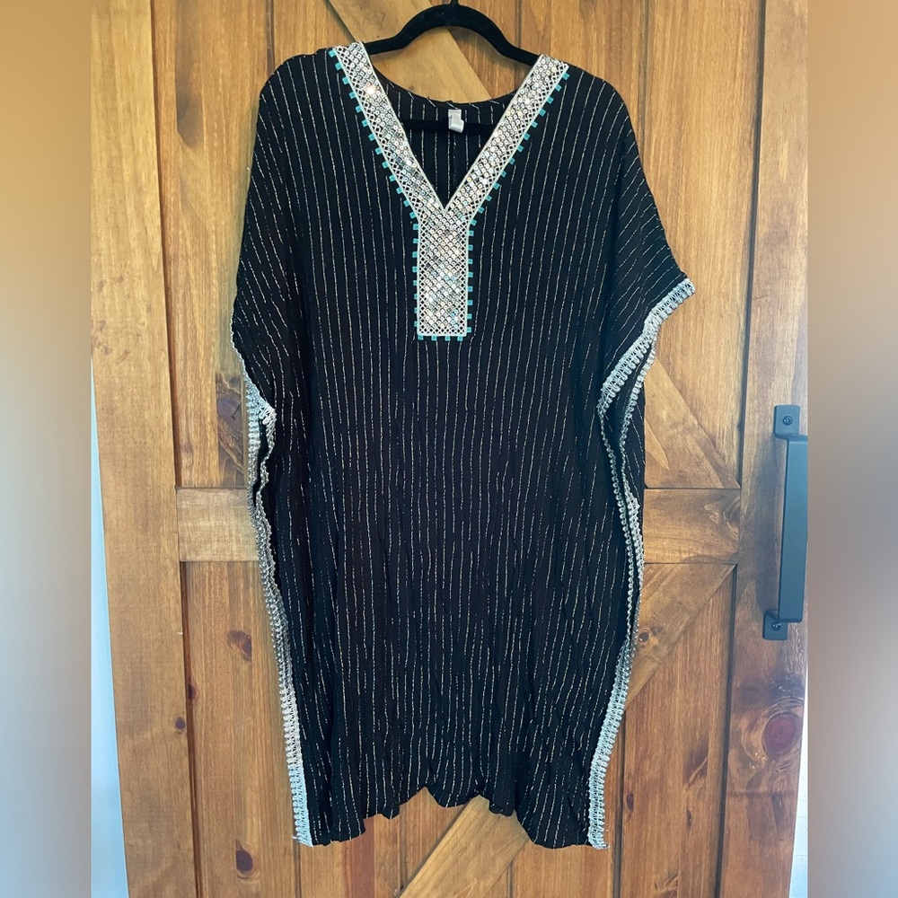 LA MODA Beach Coverup Kaftan Dress Pinstriped Embroidered Trim Black/Silver‎ OS